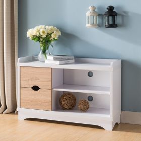Shoe Entryway Bench, Compact Storage Bench, Two Shelves and Two Drawers - White & Weathered White