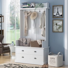 [VIDEO provided] ON-TREND Vintage Style 38.5" Wide Hallway Coat Rack with 5 Metal Hooks and 2 Large Drawers Hall Tree
