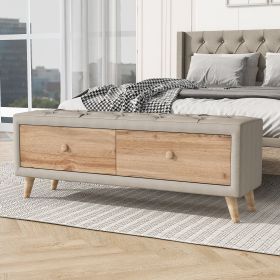 Upholstered Wooden Storage Ottoman Bench with 2 Drawers For Bedroom,Fully Assembled Except Legs and Handles,Padded Seat with Rubber Wood Leg-Beige