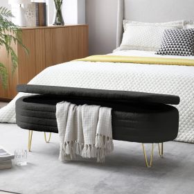 46.9" Width Oval Storage Bench with Gold Legs,Teddy Fabric Upholstered Ottoman Storage Benches for Bedroom End of Bed