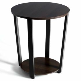 2-Tier Round End Table with Storage Shelf and Metal Frame (Color: walnut)