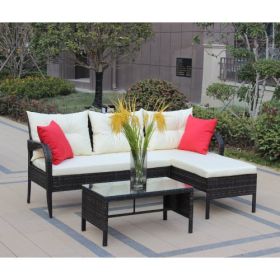 Outdoor patio Furniture sets 3 piece Conversation set wicker Ratten Sectional Sofa With Seat Cushions(Beige Cushion) (Color: Brown)